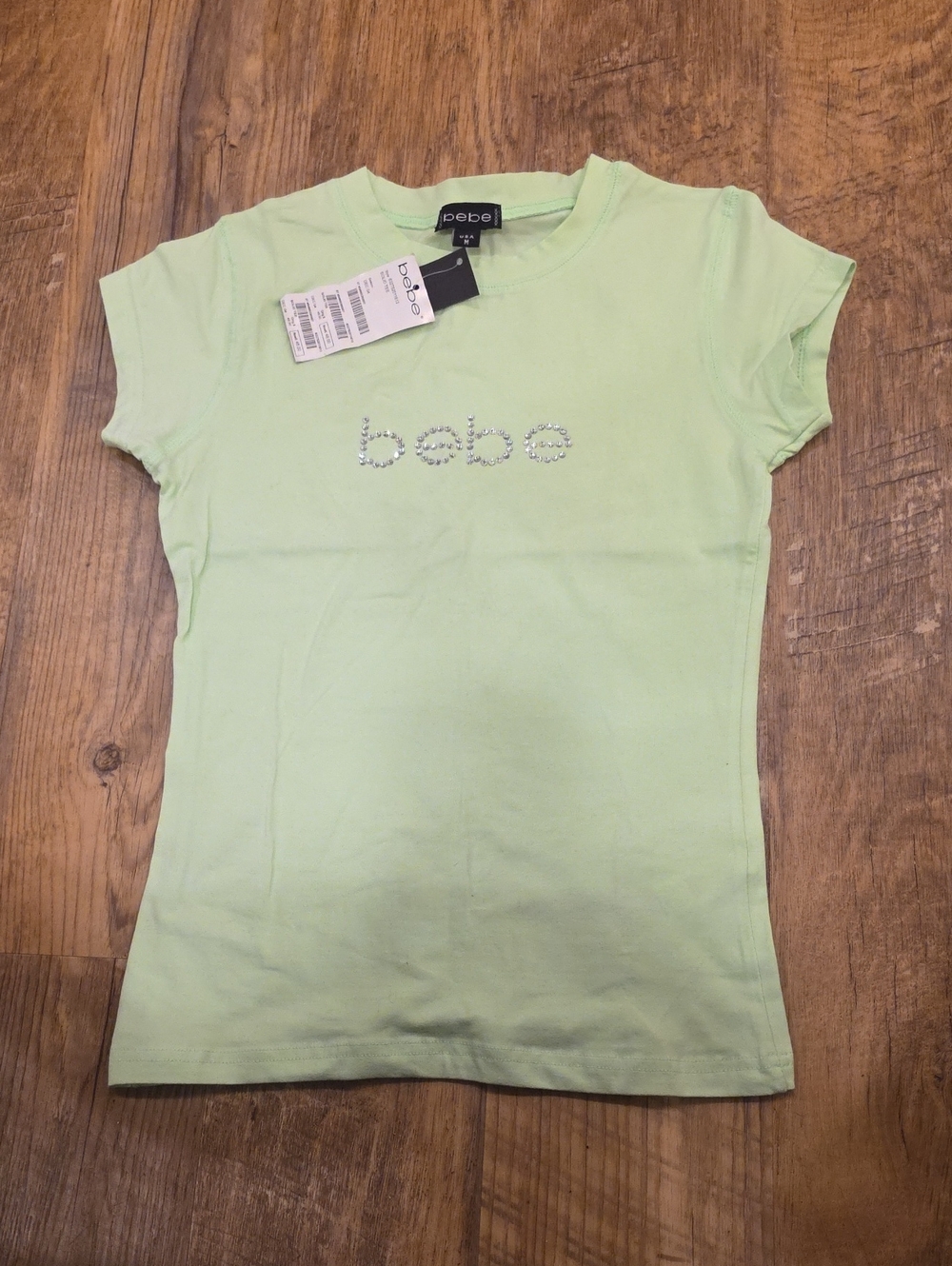 Bebe Pastel Lime Crystal Logo Tee Y2K.